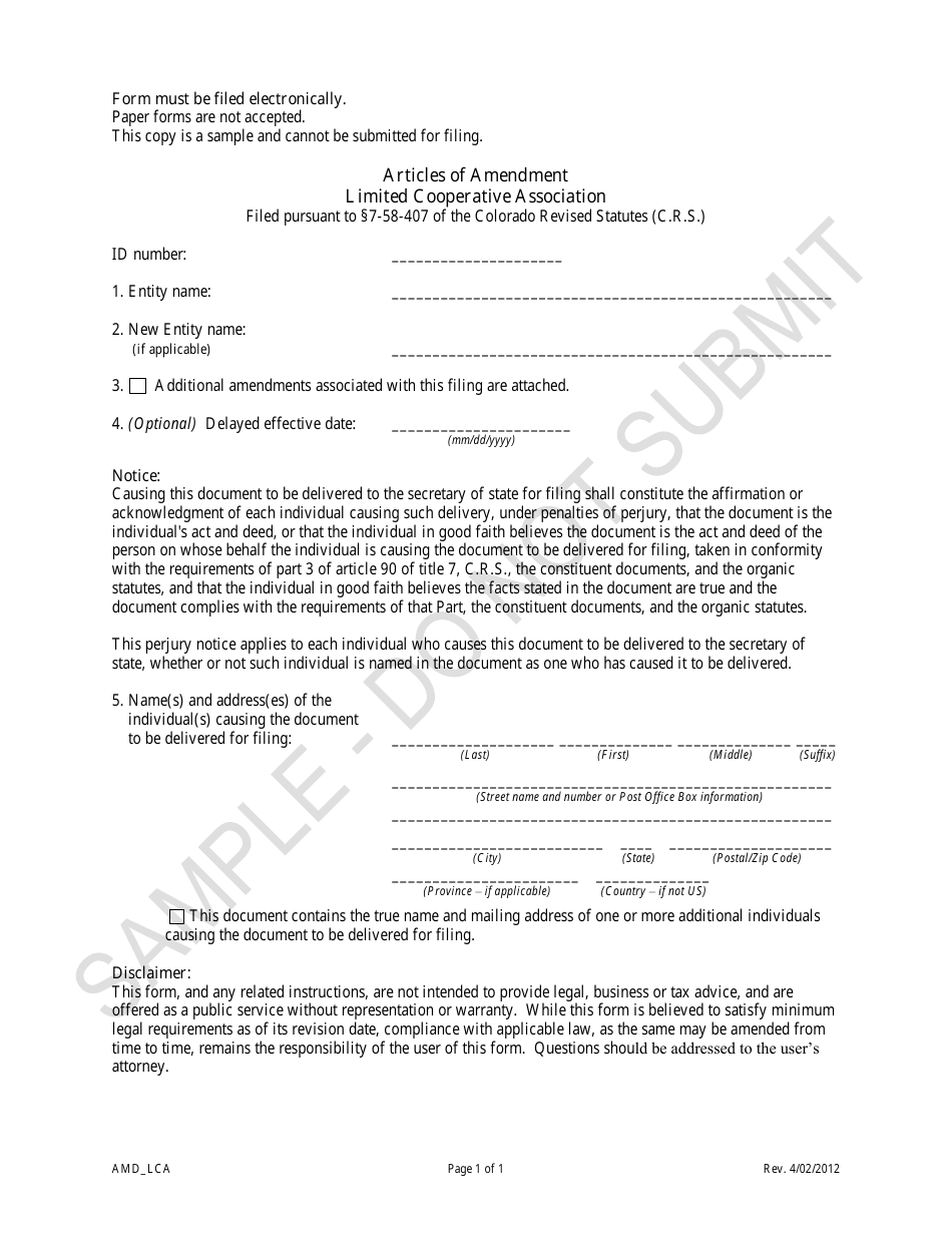Articles of Amendment - Limited Cooperative Association - Sample - Colorado, Page 1