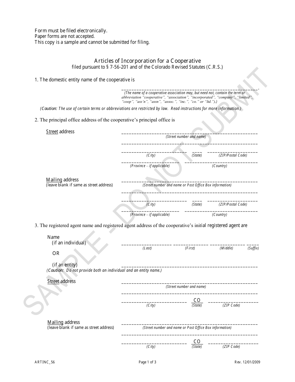 Articles of Incorporation for a Cooperative - Article 56 Cooperatives - Sample - Colorado, Page 1