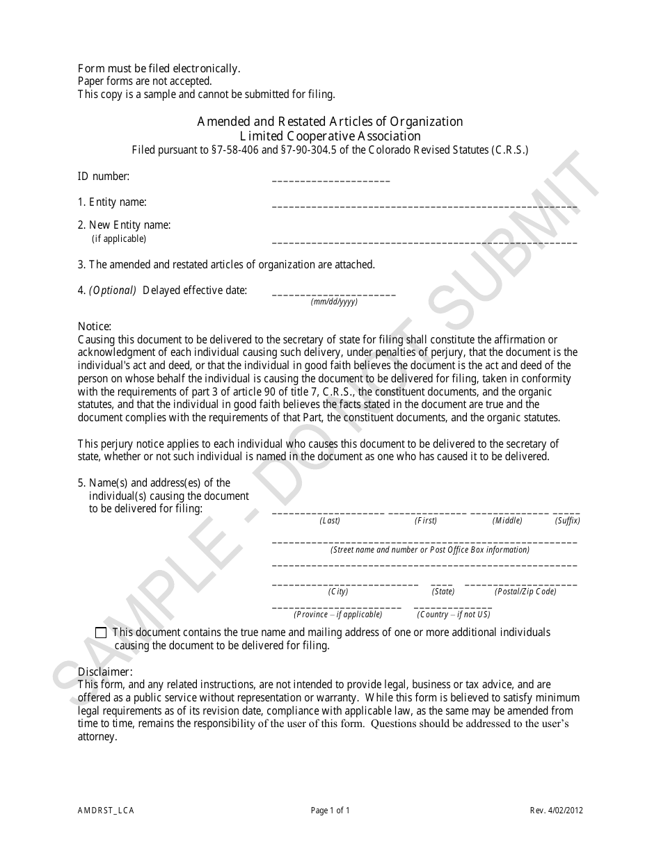 Amended and Restated Articles of Organization - Limited Cooperative Association - Sample - Colorado, Page 1