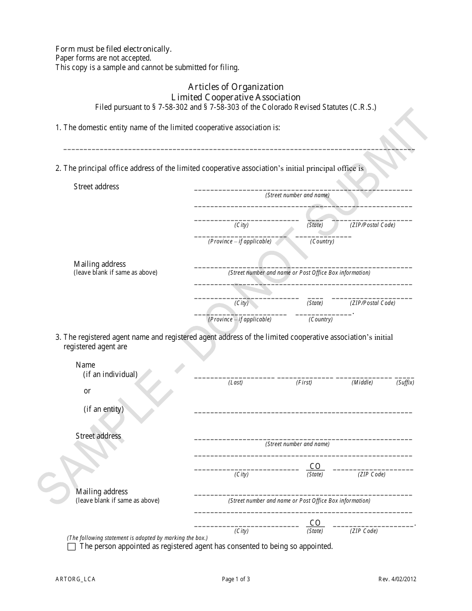 Articles of Organization - Limited Cooperative Association - Sample - Colorado, Page 1