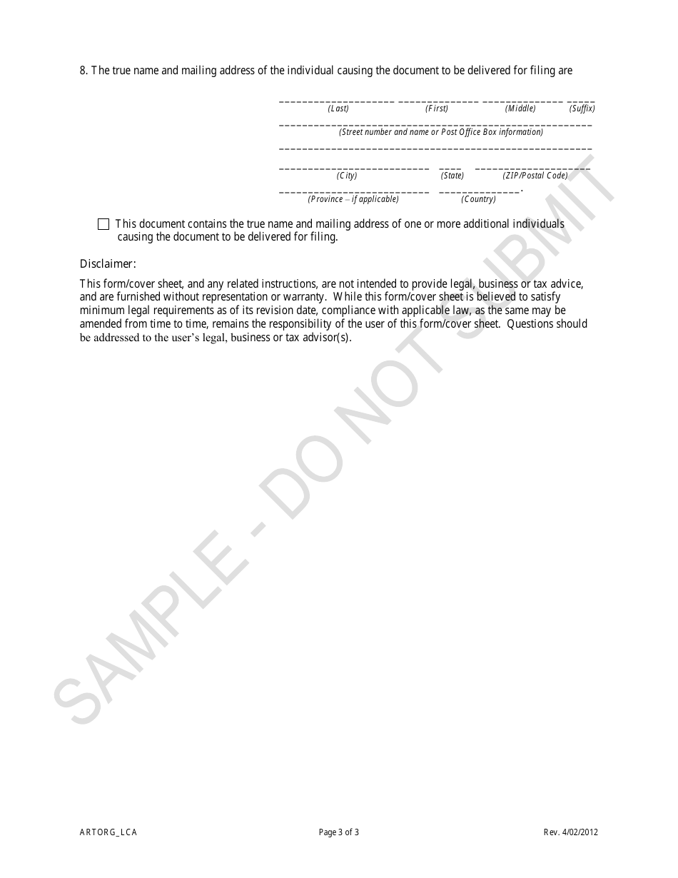 Articles of Organization - Limited Cooperative Association - Sample - Colorado, Page 3
