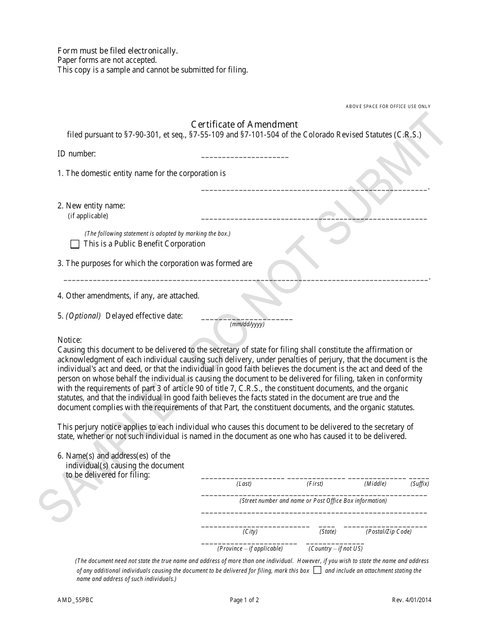 Certificate of Amendment - Article 55 Cooperative Association as a Public Benefit Corporation - Sample - Colorado, Page 1