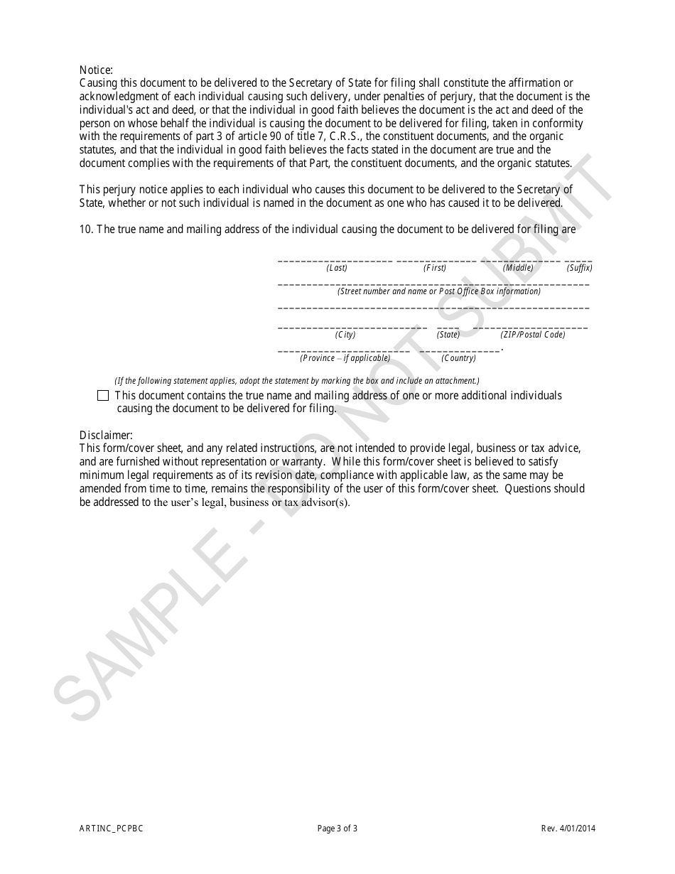 Colorado Articles of Incorporation for a Profit Corporation - Public ...