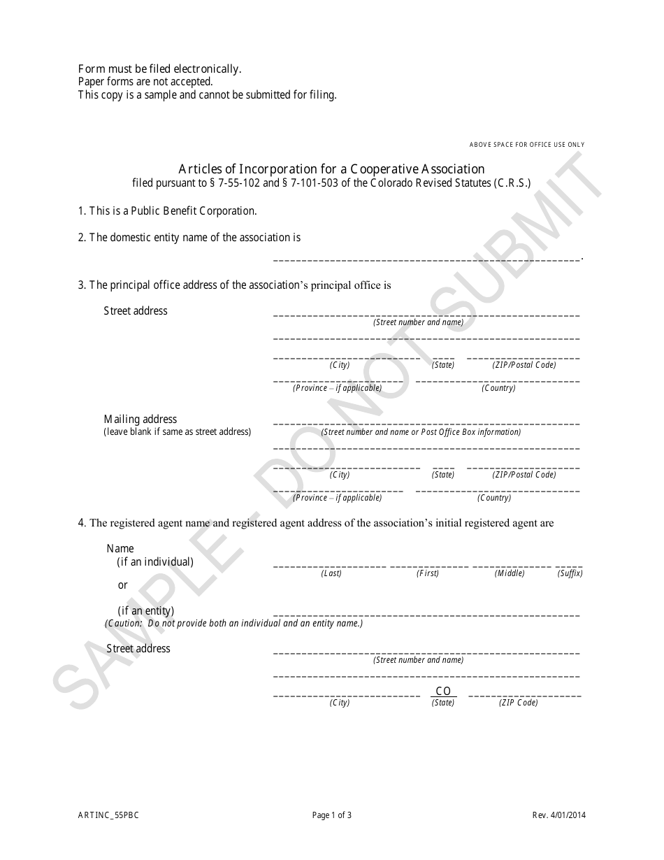 Articles of Incorporation for a Cooperative Association - Article 55 Cooperative Association as a Public Benefit Corporation - Sample - Colorado, Page 1
