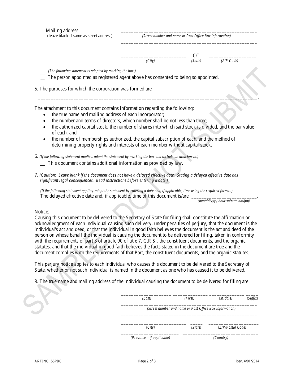 Colorado Articles of Incorporation for a Cooperative Association ...