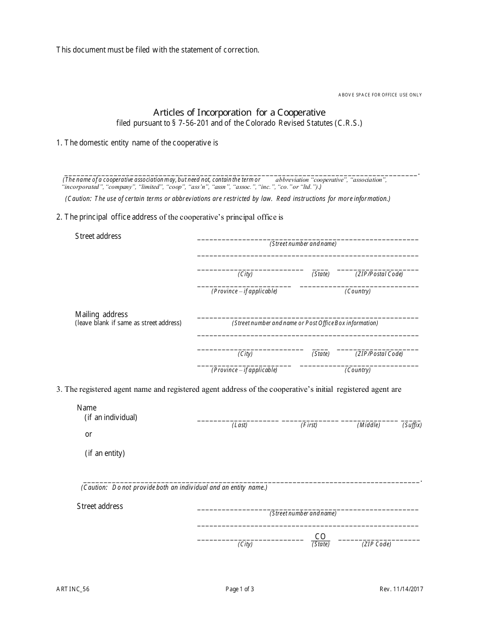 Statement of Correction Correcting a Mistakenly Filed Foreign Entity That Was Meant to Be a Domestic Entity - Article 56 Cooperatives - Colorado, Page 3
