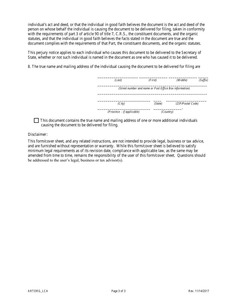 Statement of Correction Correcting a Mistakenly Filed Foreign Entity That Was Meant to Be a Domestic Entity - Limited Cooperative Associations - Colorado, Page 5