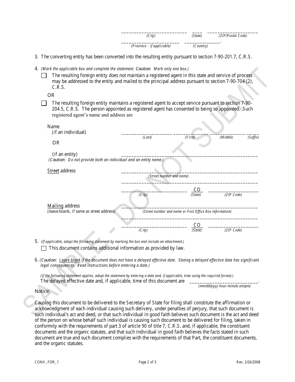 Statement of Conversion Converting a Domestic Entity Into a Foreign Entity - Sample - Colorado, Page 2