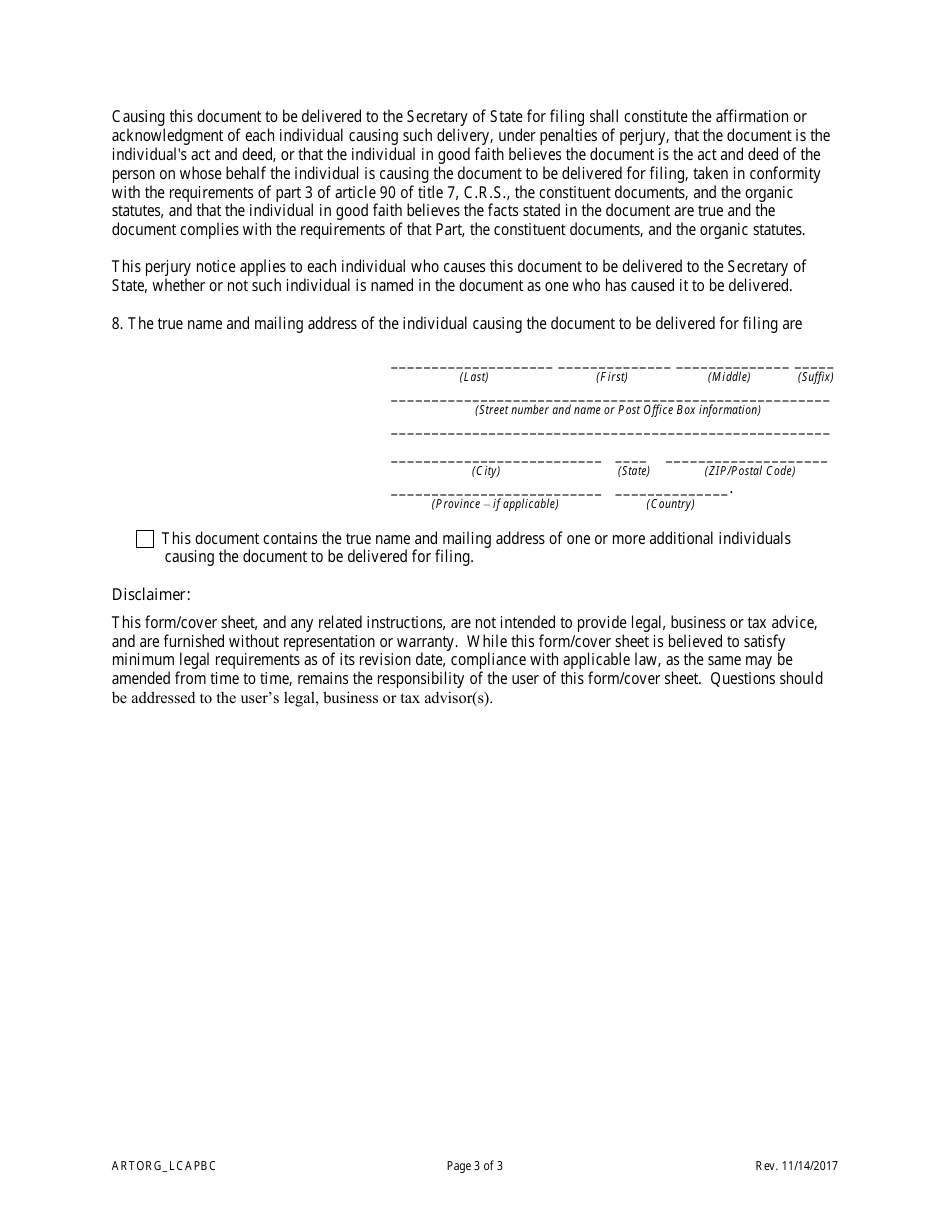 Statement of Correction Correcting a Mistakenly Filed Domestic Entity That Was Mean to Be a Different Form of Domestic Entity - Limited Cooperative Association (Lca) as a Public Benefit Corporation - Colorado, Page 5