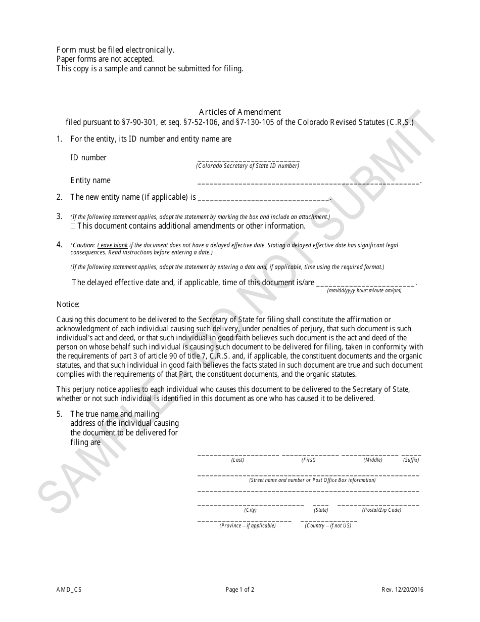 Articles of Amendment - Corporation Sole - Colorado, Page 1