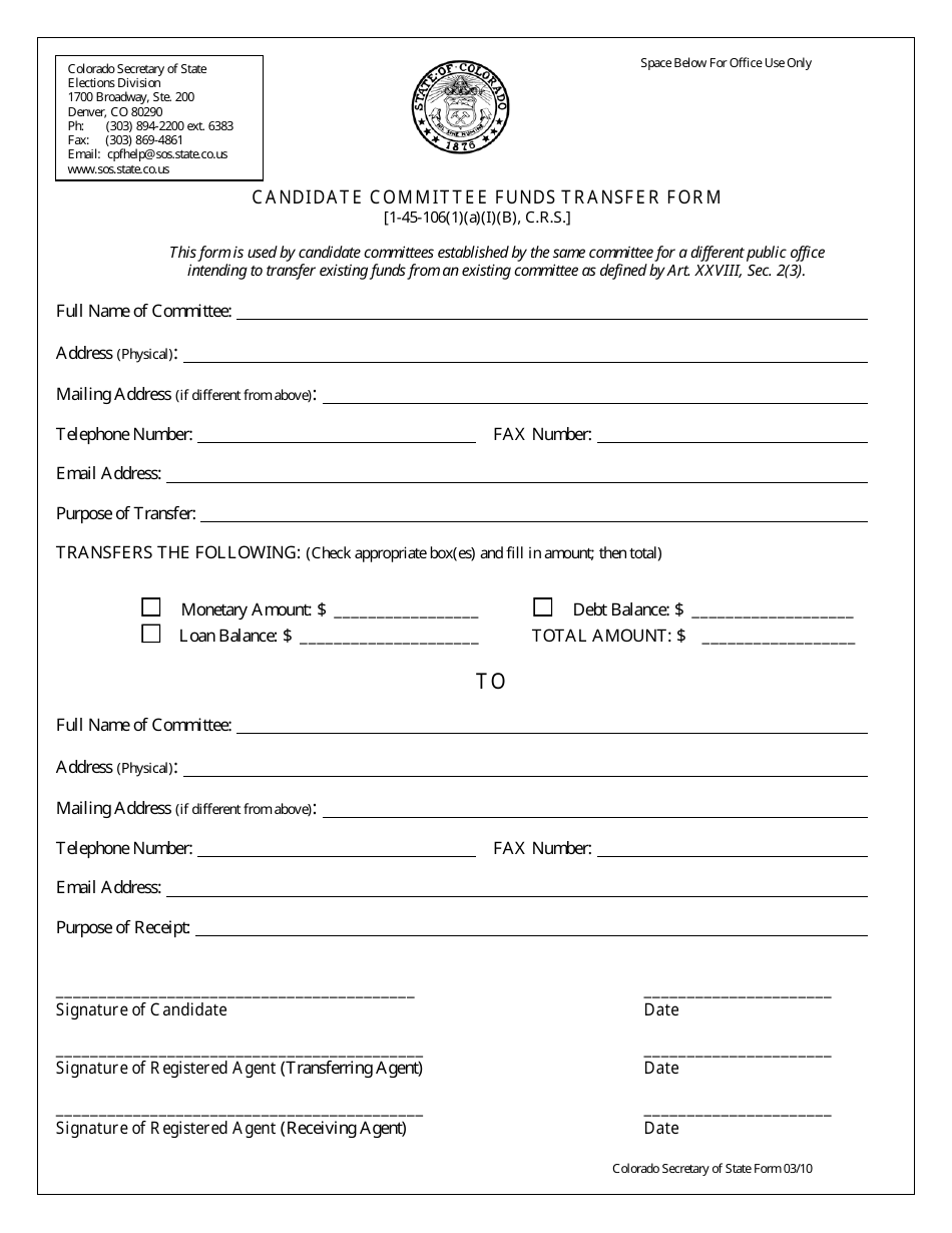 Candidate Committee Funds Transfer Form - Colorado, Page 1