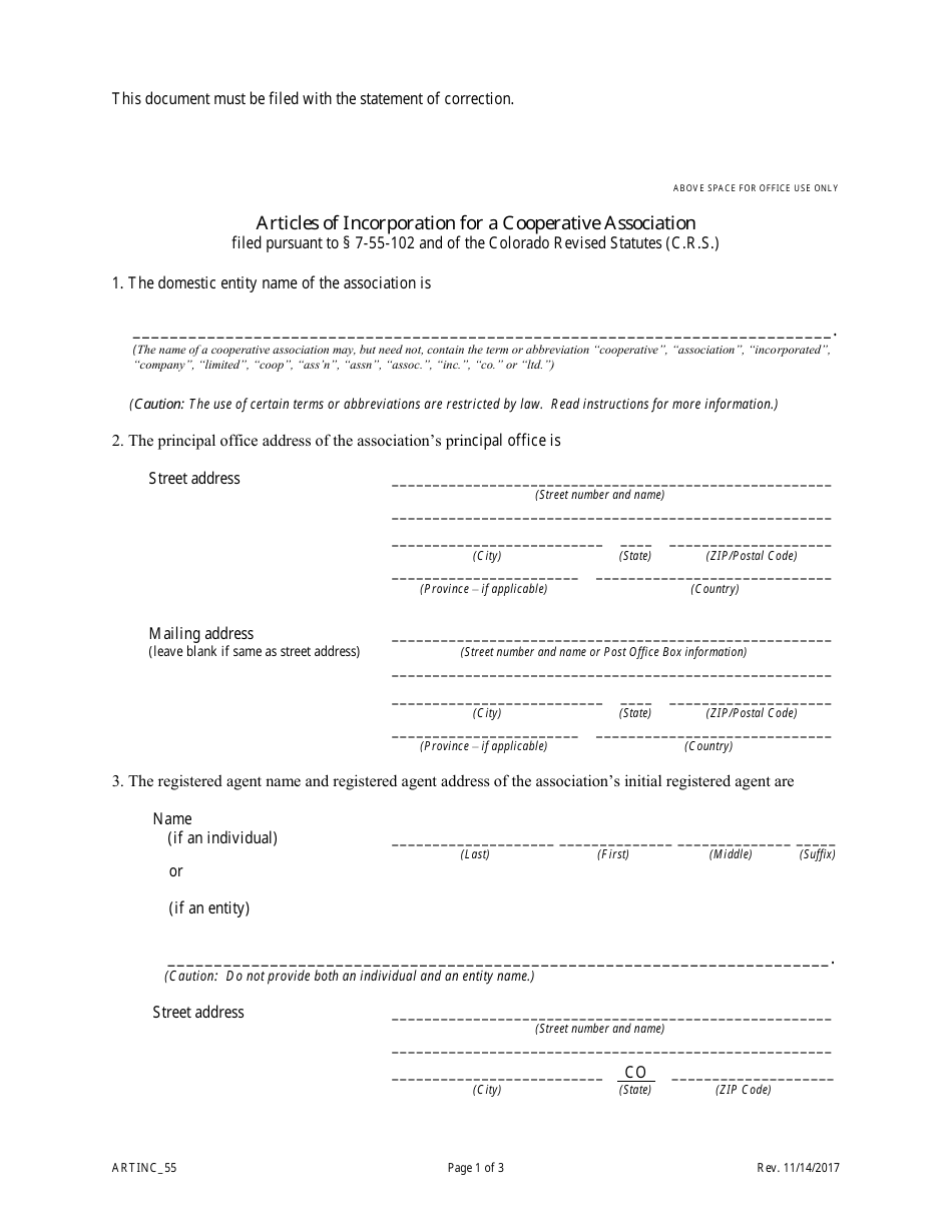 Statement of Correction Correcting a Mistakenly Filed Domestic Entity That Was Meant to Be a Different Form of Domestic Entity - Article 55 Cooperative Associations - Colorado, Page 3