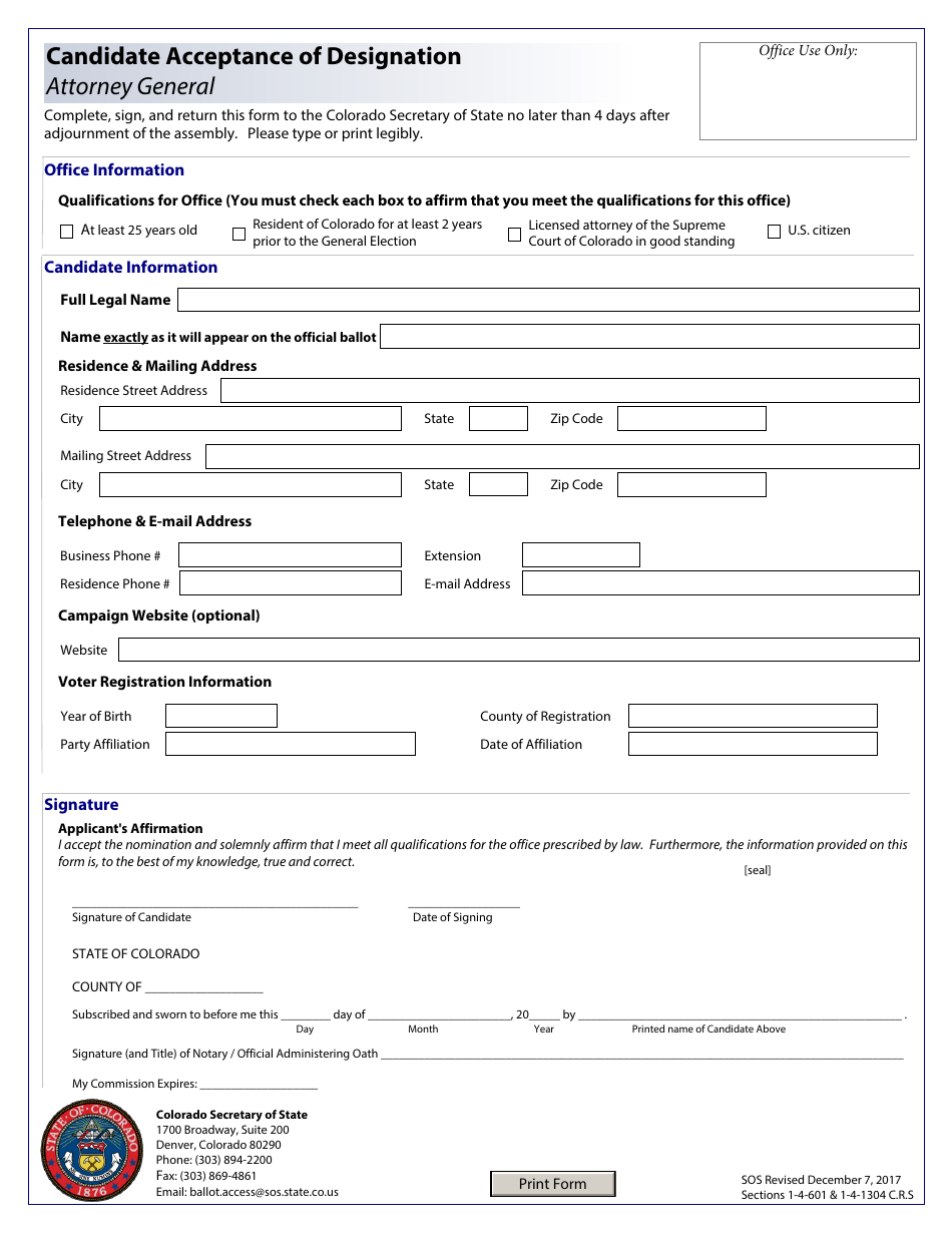 Colorado Candidate Acceptance of Designation Attorney General Fill