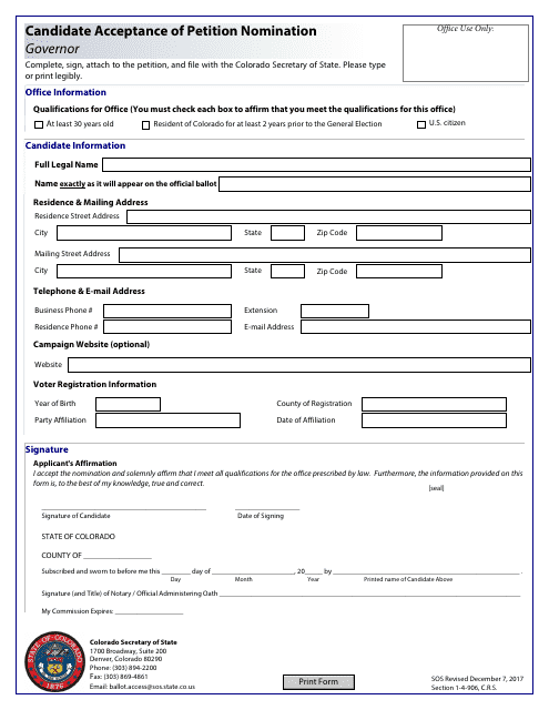 Candidate Acceptance of Petition Nomination - Governor - Colorado Download Pdf