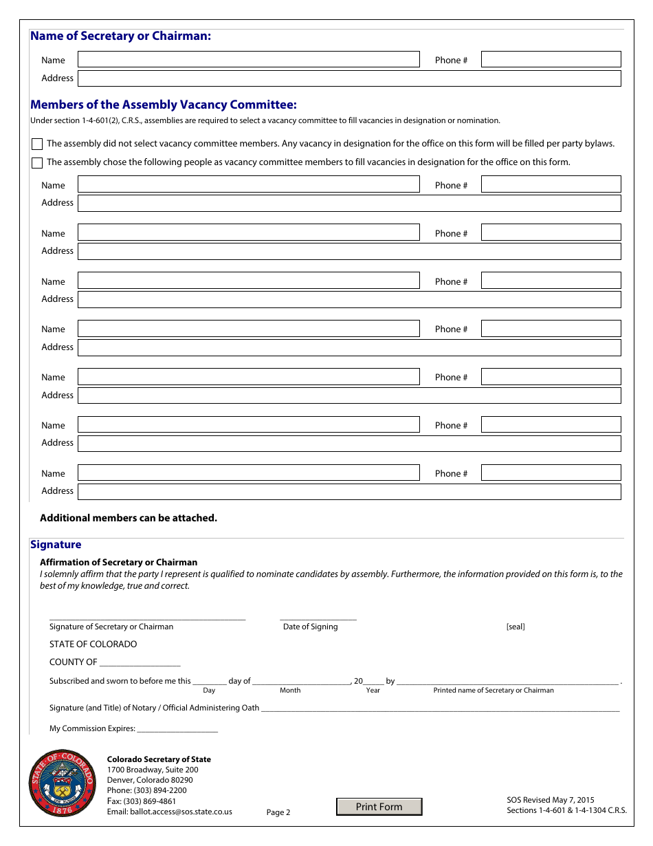 Certificate of Designation by Assembly - Colorado, Page 2