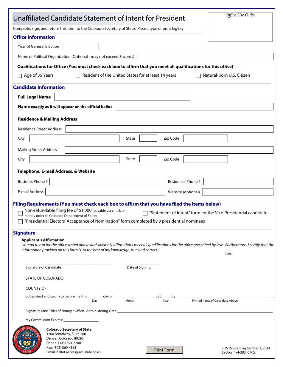 Colorado Unaffiliated Candidate Statement Of Intent For President ...