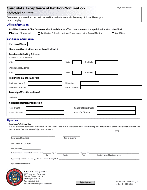 Candidate Acceptance of Petition Nomination - Secretary of State - Colorado