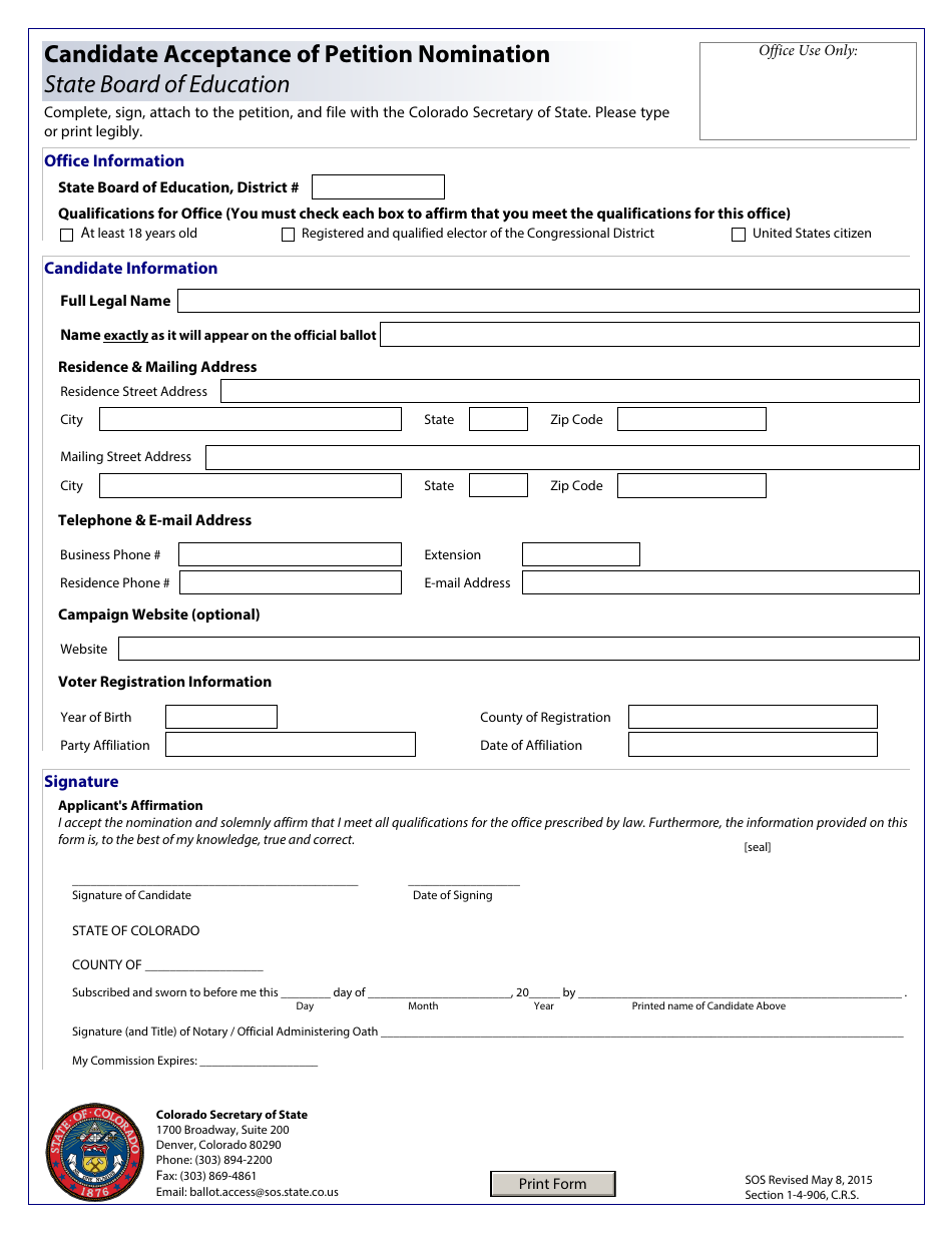 Colorado Candidate Acceptance Of Petition Nomination - State Board Of ...