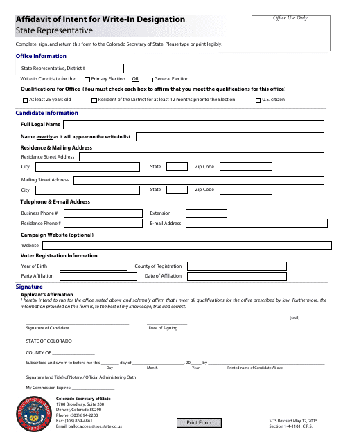 Affidavit of Intent for Write-In Designation - State Representative - Colorado Download Pdf