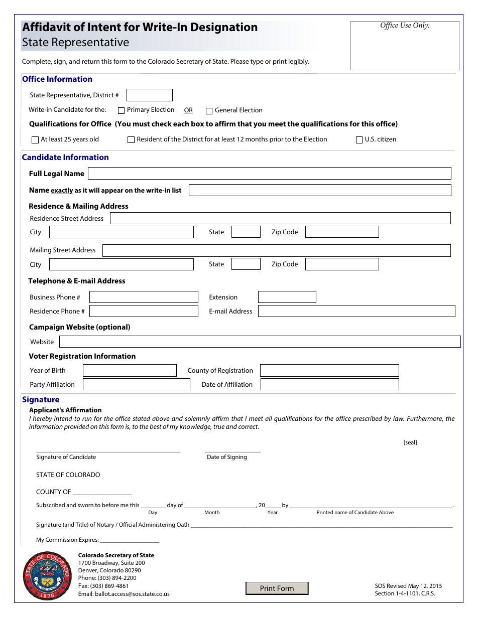 Affidavit of Intent for Write-In Designation - State Representative - Colorado, Page 1