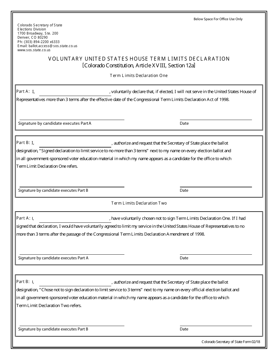 Voluntary United States House Term Limits Declaration Form - Colorado, Page 1