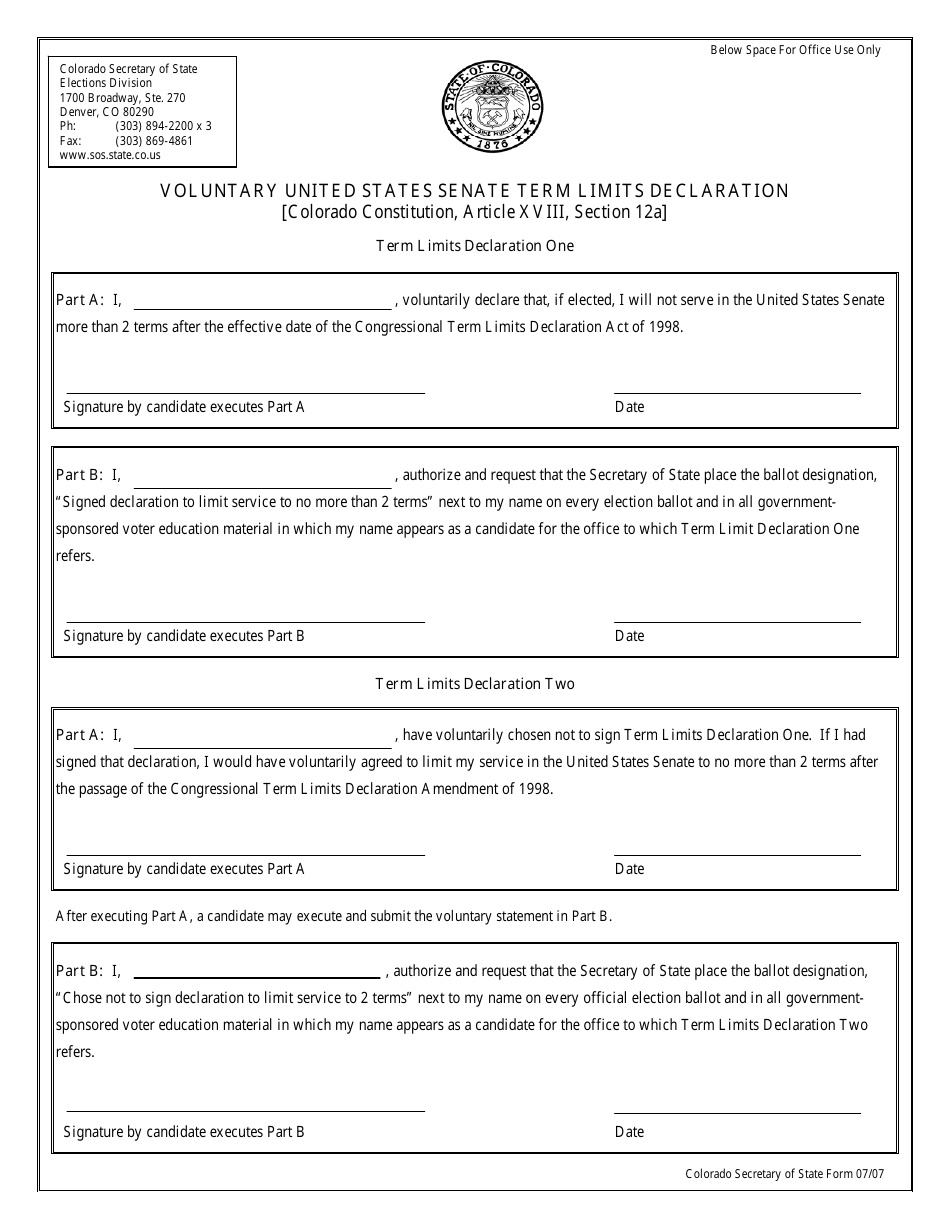 Voluntary United States Senate Term Limits Declaration Form - Colorado, Page 1