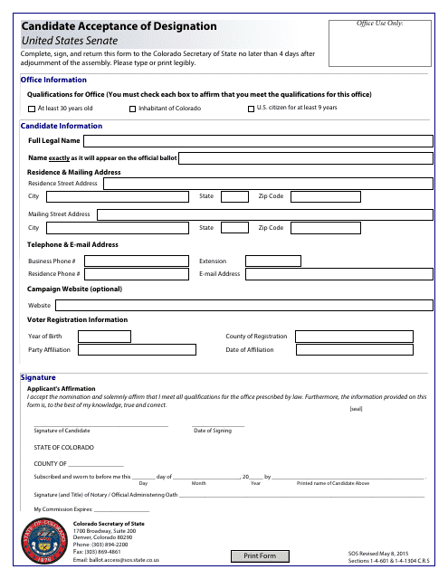 Candidate Acceptance of Designation - United States Senate - Colorado Download Pdf