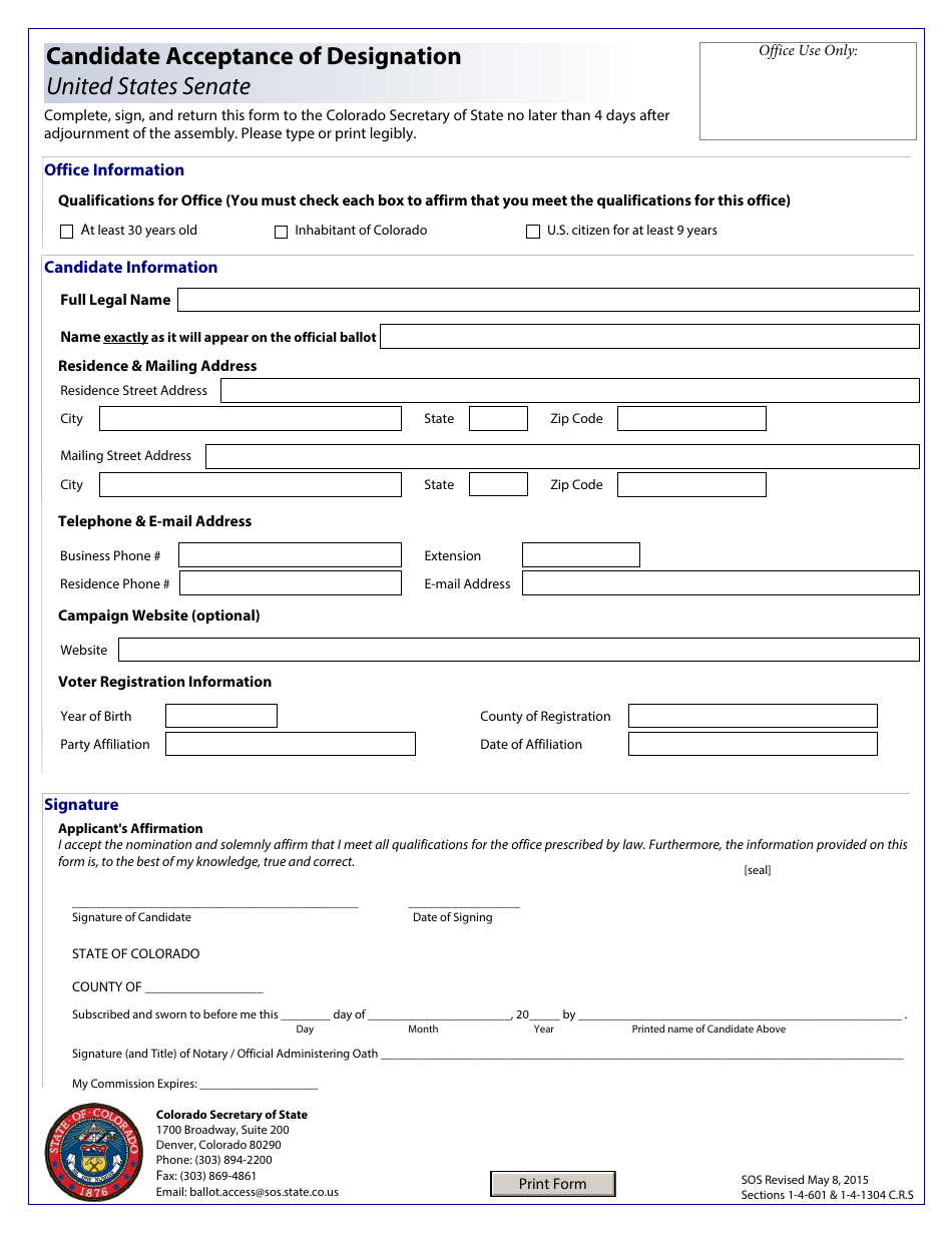 Candidate Acceptance of Designation - United States Senate - Colorado, Page 1