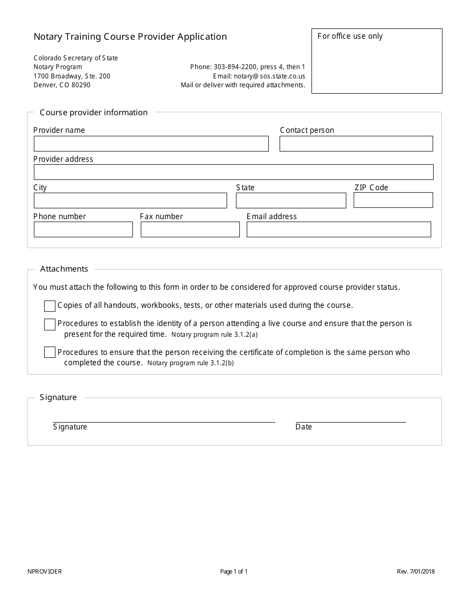 Notary Training Course Provider Application Form - Colorado, Page 1
