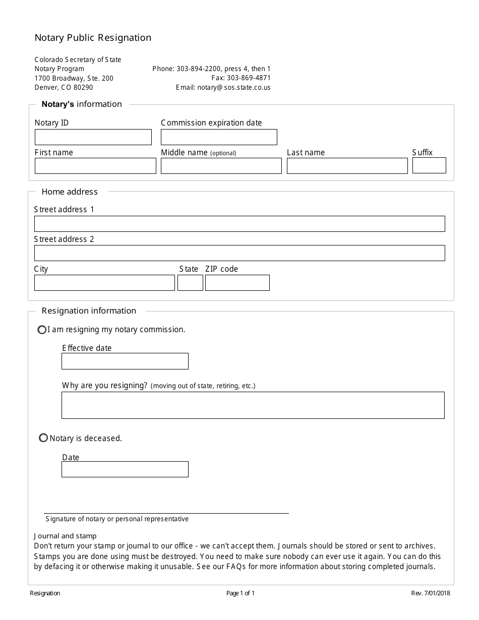 Notary Public Resignation Form - Colorado, Page 1