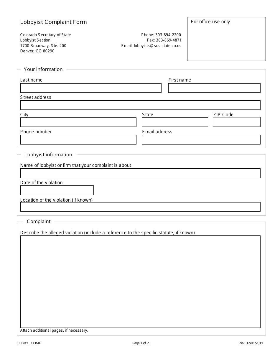 Lobbyist Complaint Form - Colorado, Page 1