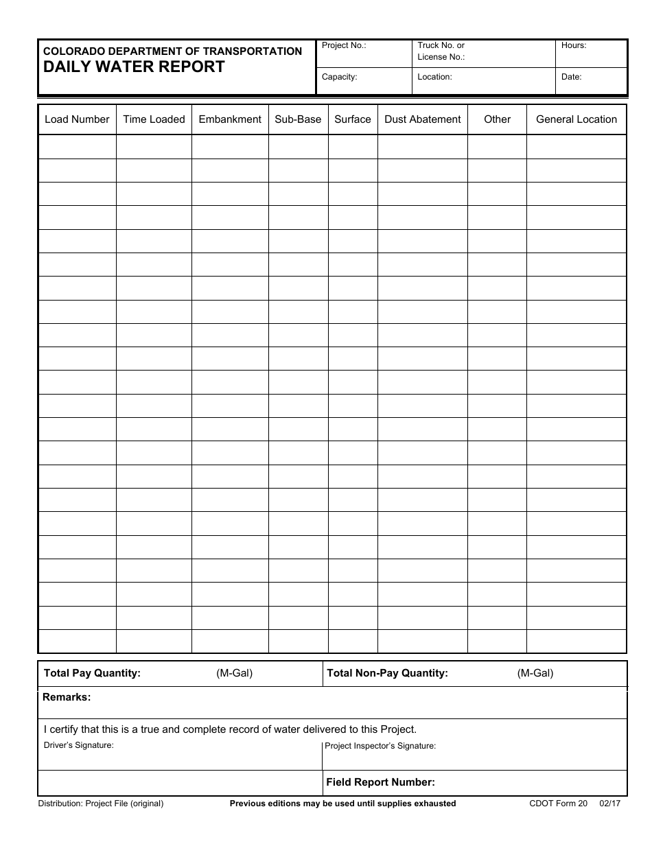 CDOT Form 20 Daily Water Report - Colorado, Page 1