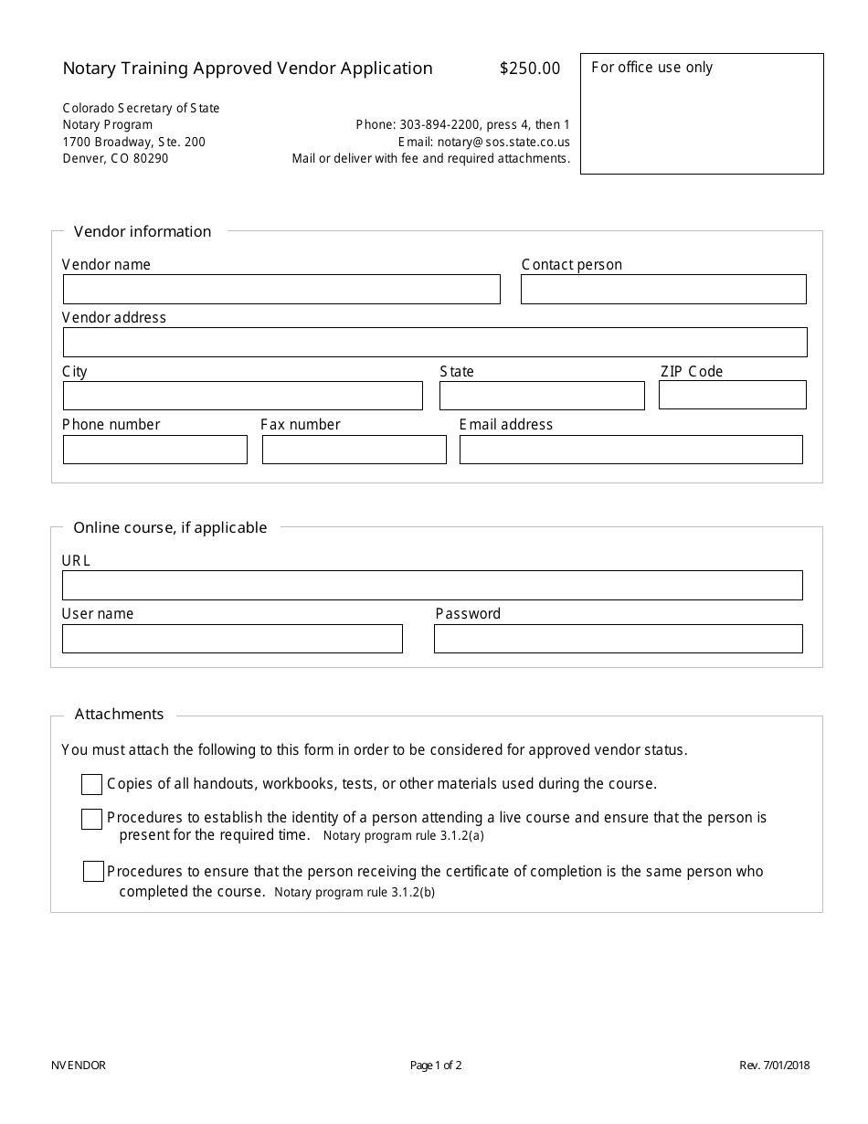 Notary Training Approved Vendor Application Form - Colorado, Page 1