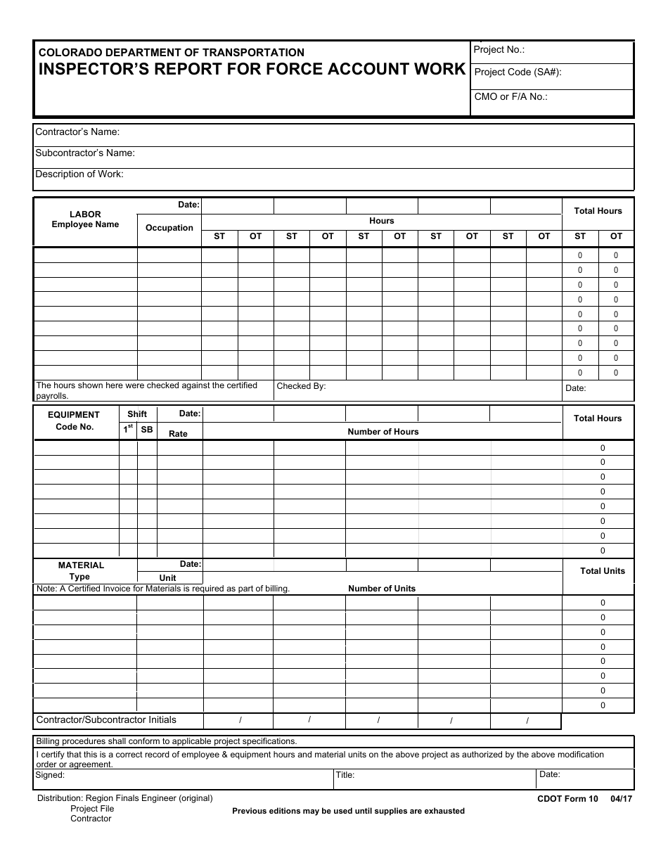 CDOT Form 10 Inspectors Report for Force Account Work - Colorado, Page 1