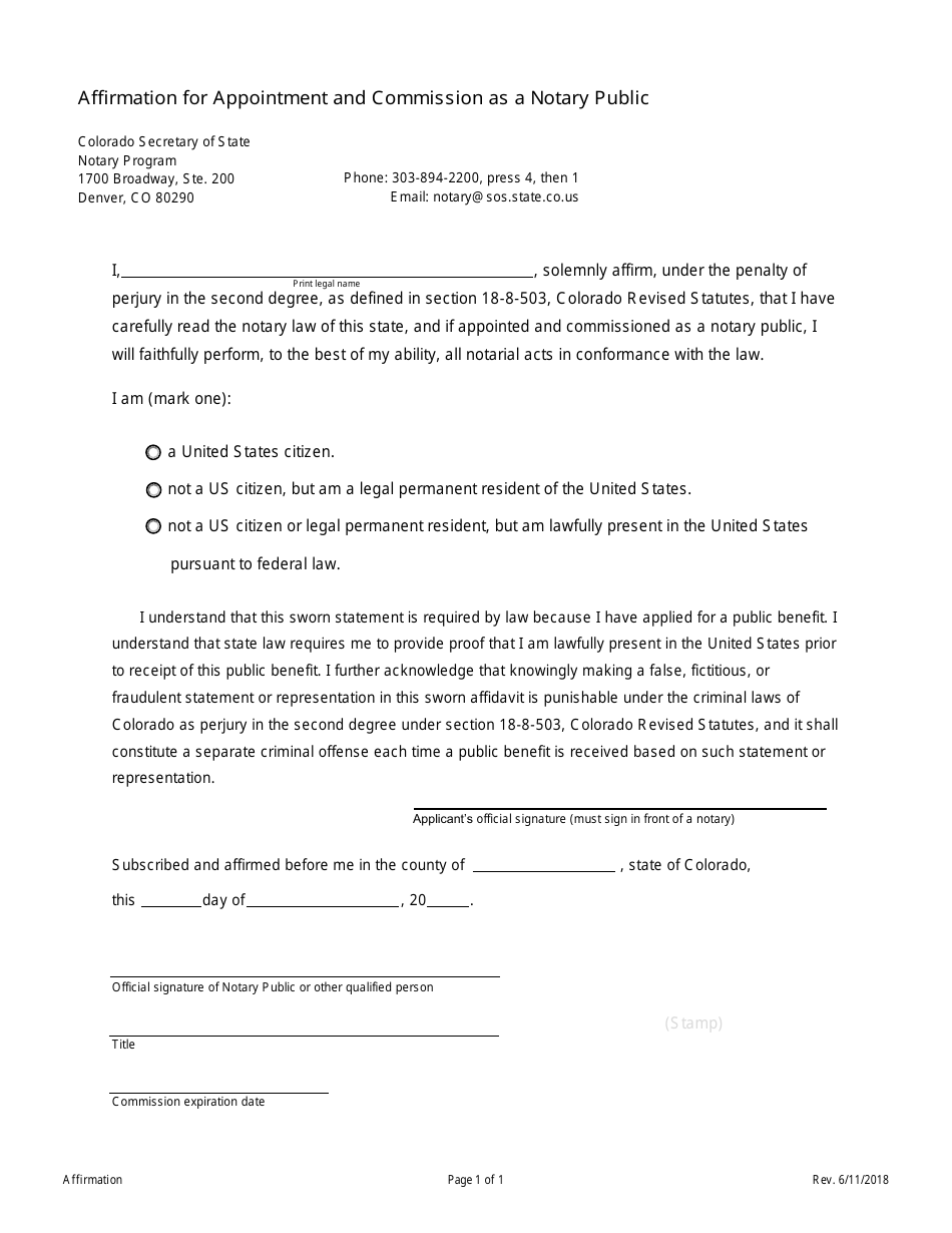 Colorado Affirmation for Appointment and Commission as a Notary Public