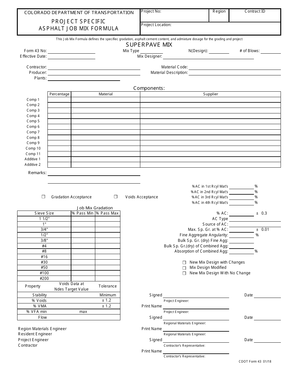 CDOT Form 43 Project Specific Asphalt Job Mix Formula - Colorado, Page 1