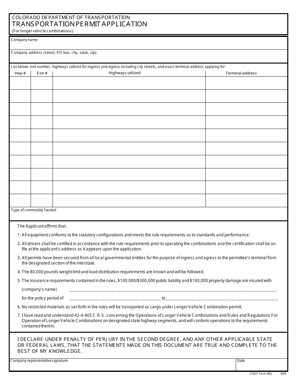 CDOT Form 52 Transportation Permit Application (For Longer Vehicle Combinations) - Colorado, Page 1