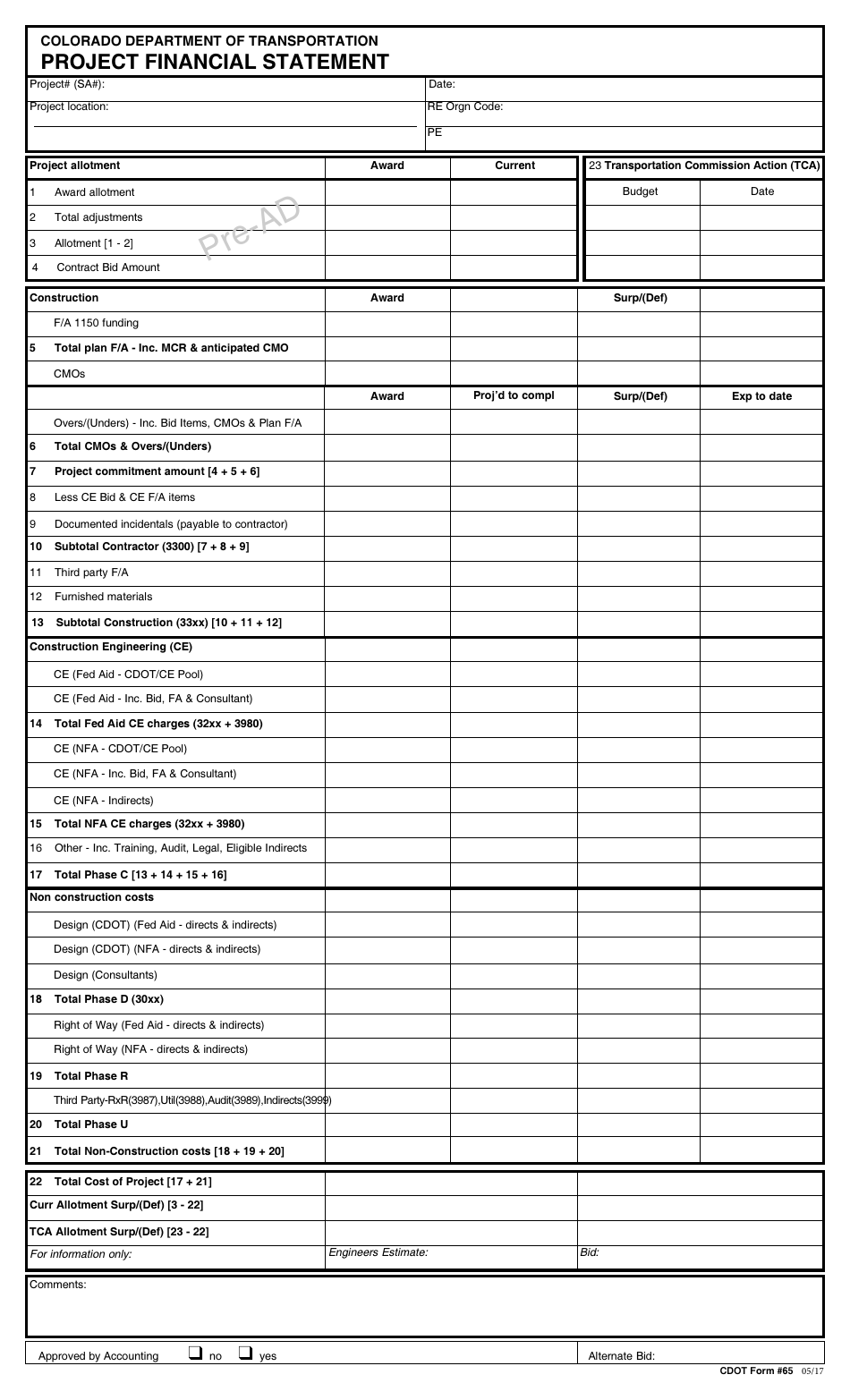 CDOT Form 65 Project Financial Statement - Colorado, Page 1