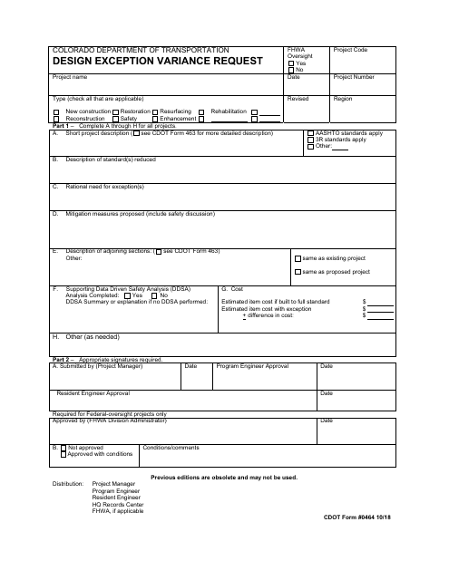 CDOT Form 0464 Design Exception Variance Request - Colorado