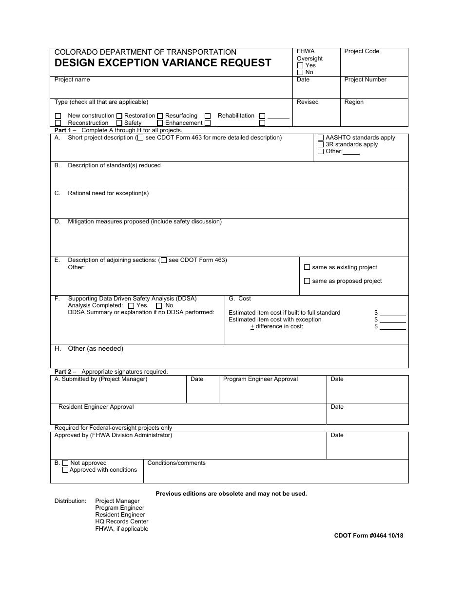 CDOT Form 0464 Design Exception Variance Request - Colorado, Page 1