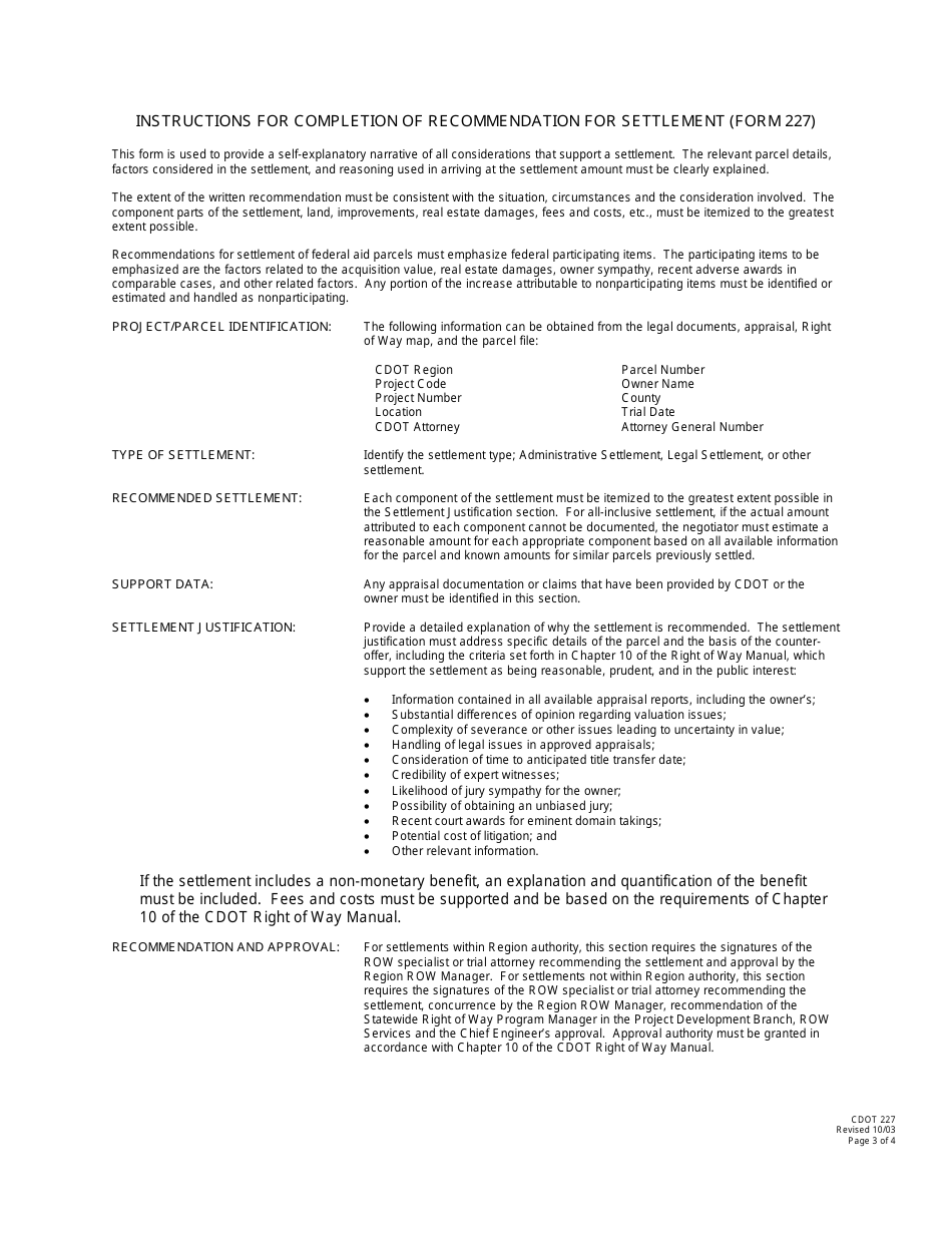 CDOT Form 227 Recommendation for Settlement - Colorado, Page 3