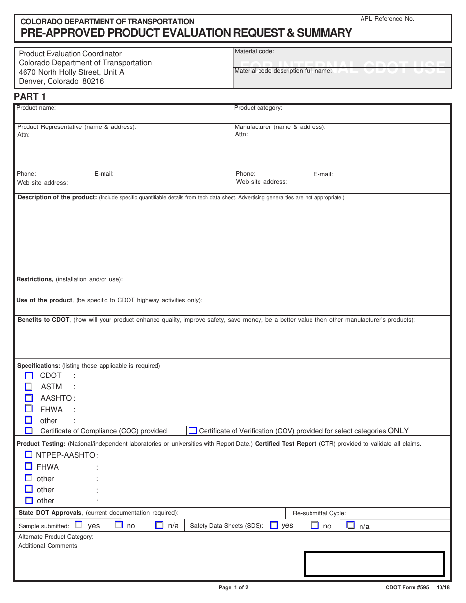 CDOT Form 595 Pre-approved Product Evaluation Request  Summary - Colorado, Page 1