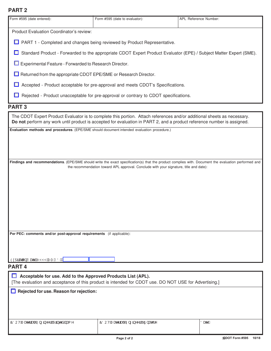 CDOT Form 595 Pre-approved Product Evaluation Request  Summary - Colorado, Page 2