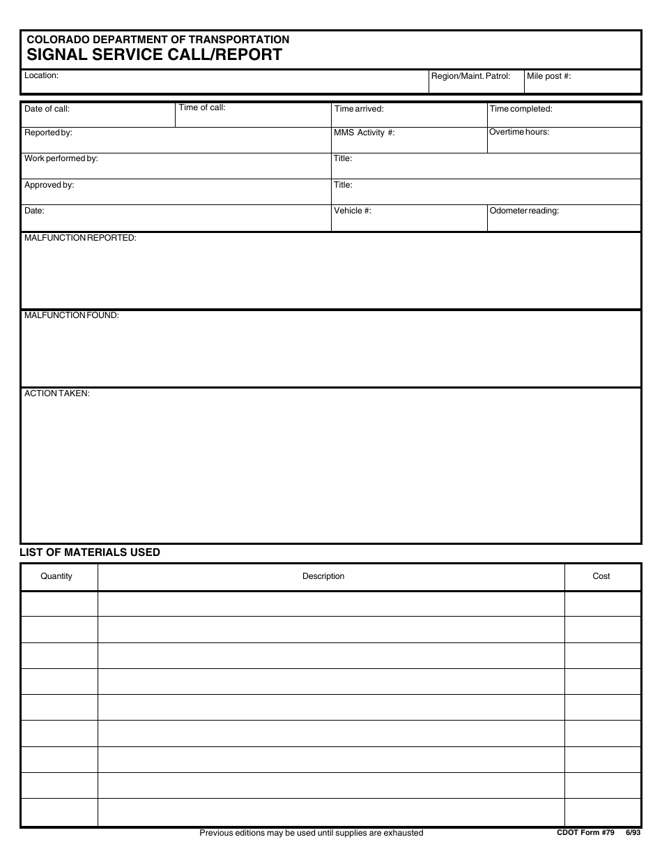 CDOT Form 79 Signal Service Call / Report - Colorado, Page 1