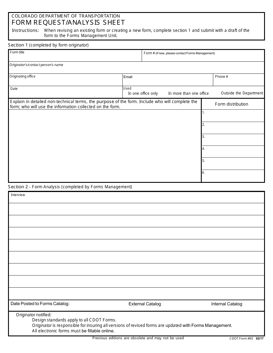 CDOT Form 93 Form Request / Analysis Sheet - Colorado, Page 1