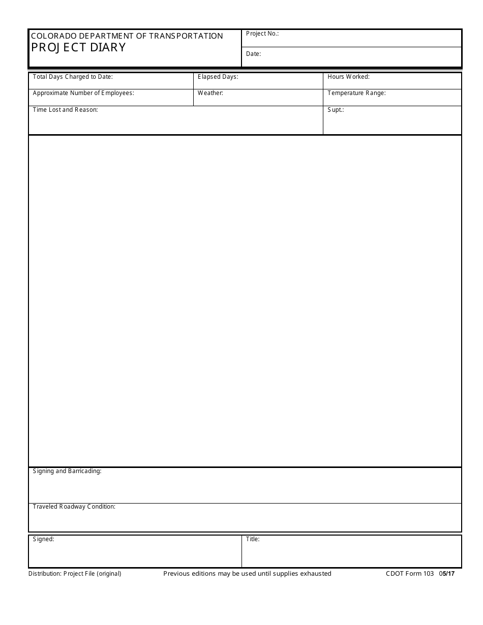CDOT Form 103 Project Diary - Colorado, Page 1