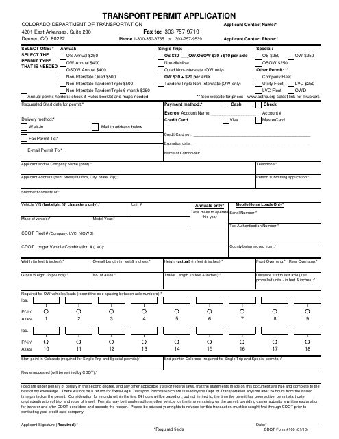CDOT Form 100 Transport Permit Application - Colorado