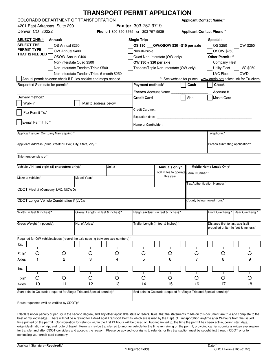 CDOT Form 100 Transport Permit Application - Colorado, Page 1