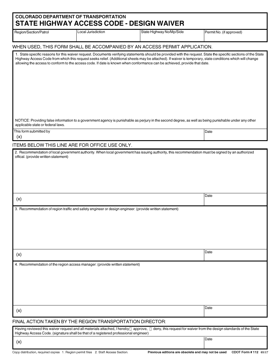 CDOT Form 112 State Highway Access Code - Design Waiver - Colorado, Page 1