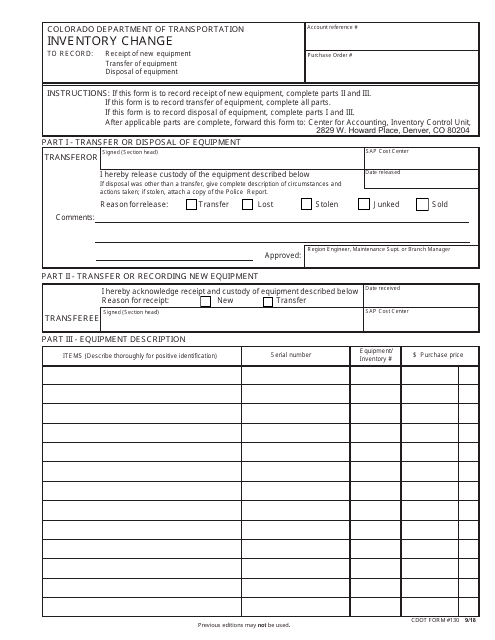 CDOT Form 130 Inventory Change - Colorado
